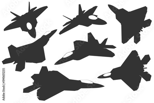 Black and white vector illustration bundle F-22 raptor jet silhouettes in diverse viewing positions. Set Silhouette stealth aircraft design from multiple angle. Monochrome fifth generation airplane.