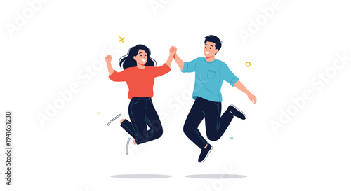 Joyful young couple holding hands and jumping high in the air together against a clean white background.