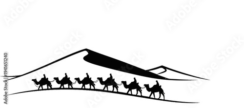 Camel caravan traverses vast desert dunes under a clear sky