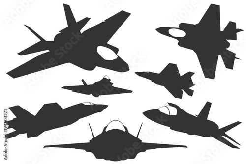 Bundle monochrome design F-35 stealth jet. Black and white vector f35 combat aircraft from USA. Fifth generation jet silhouette pack from varius view.