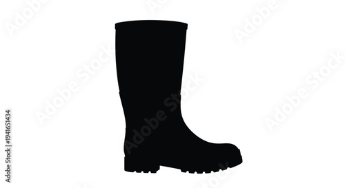 A single black rubber boot depicted in a stark silhouette