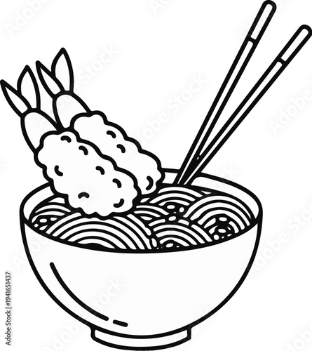 A stylized illustration of a bowl of noodles with two pieces of shrimp tempura and chopsticks