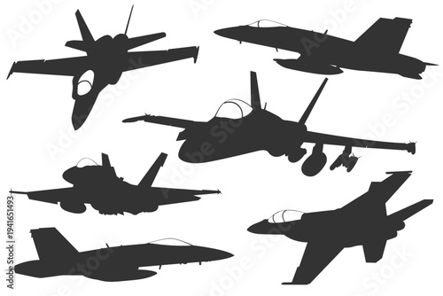 Silhouette F/A-18 Hornet fighter aircraft illustration bundle from various angle views. Black and white vector set of multirole combat plane F18. Fourth generation fighter jet.