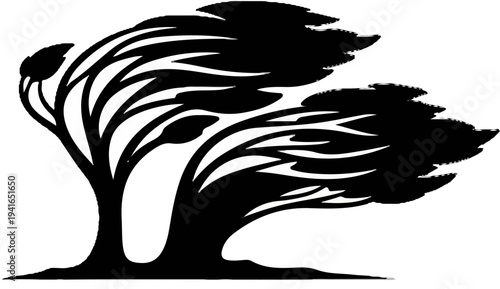 Black silhouette of a stylized tree with wind-blown branches and leaves