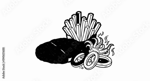 A stylized illustration depicts a meal with steak, fries, and calamari rings