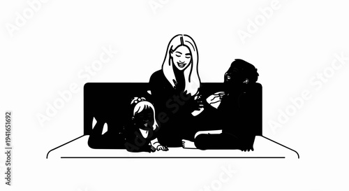Black and white illustration of three people laughing on a bed