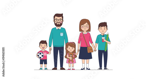 Happy family of five including parents and three children standing together and smiling against a white background.