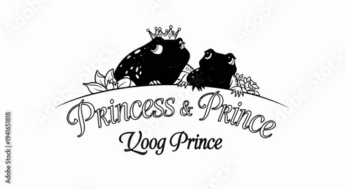 Black and white illustration of two frogs, one wearing a crown, with floral accents and text