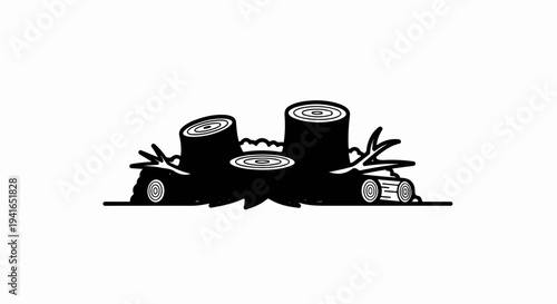 Black and white illustration of tree stumps and logs on a white background