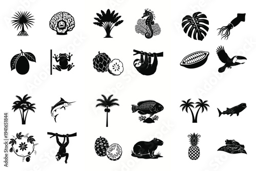 Tropical jungle and ocean wildlife, plant, and fruit silhouette icons collection.