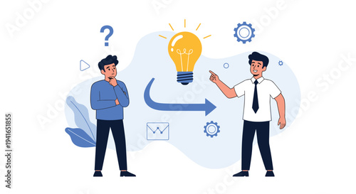 Business professionals collaborate on creative solutions as a glowing lightbulb symbolizes a bright new idea and success.
