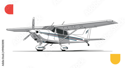Small white propeller airplane with blue stripes sits on the ground against a clean background with geometric accents.