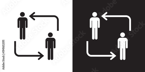 Two human figures connected by arrows in a circular motion. Represents employee rotation, shifting shifts, user exchange, peer-to-peer sharing, or teamwork cycles.