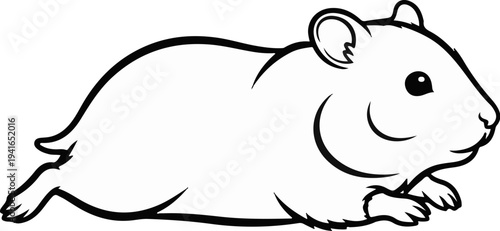 Black and white line drawing of a small rodent in motion