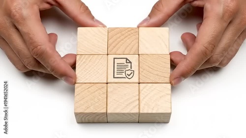 Hands Assembling Wooden Blocks with Document Icon.
