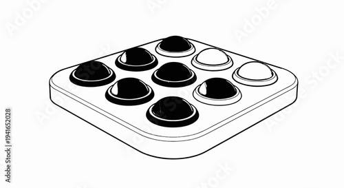 Black and white line drawing of a square tray with nine circular, dome-like indentations