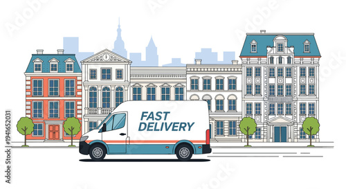 White delivery van with fast delivery text drives through a European city street lined with beautiful historical buildings.