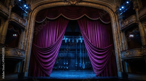 Luxurious purple velvet theater curtains framing an empty stage with dramatic lighting, ready for a grand performance.