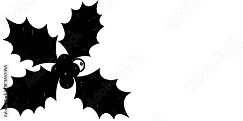 Black silhouette of a whimsical holly branch with berries and a single eye