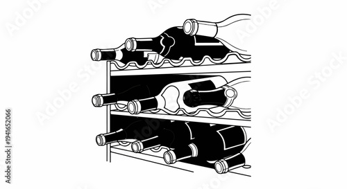 Black and white line drawing of wine bottles stored on a rack