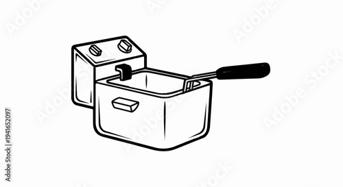 Black and white outline drawing of a kitchen deep fryer with basket