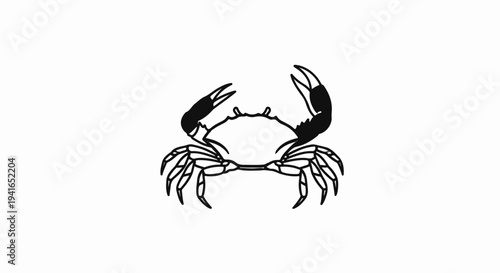 Black and white outline illustration of a crab with raised claws