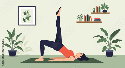 Young woman practices a challenging yoga pose on a green mat in a peaceful room filled with lush green houseplants.