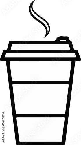 Black and white outline of a hot beverage in a paper cup with steam