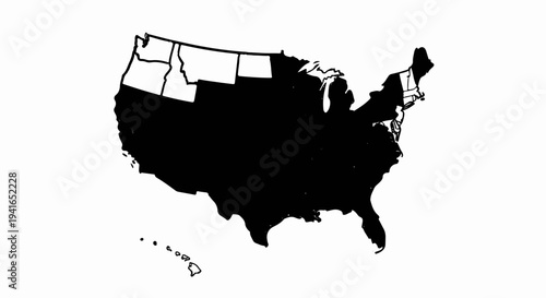Black and white outline map of the United States, including Hawaii