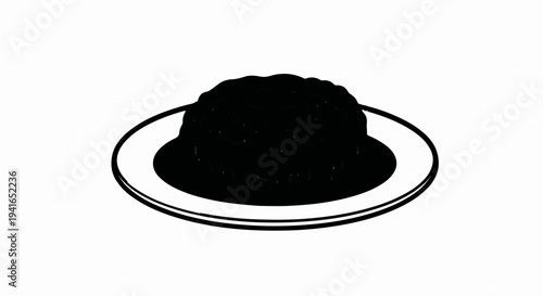 Black food item on a white plate, simple flat icon