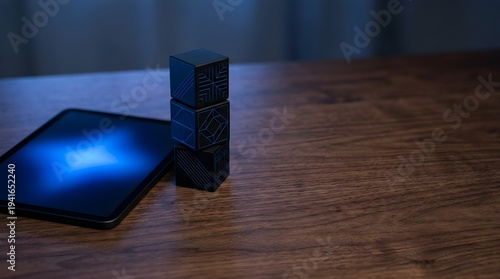 Innovator Presenting Tablet Illuminated by Cobalt Light on Dark Walnut Surface with Minimalist Blocks, Emphasizing Strategy, Stability, Compliance, Glow innovation