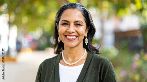 Mature South Asian woman with salt and pepper hair smiling while wearing a pearl necklace and green cardigan outdoors