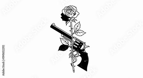 Black and white illustration of a rose intertwined with a revolver