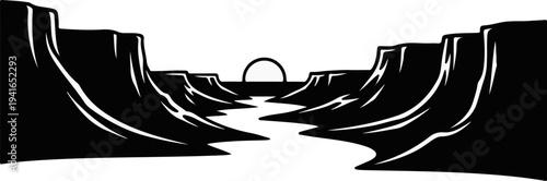 Black and white illustration of a river flowing through a canyon at sunset