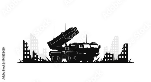 Silhouette of a rocket launcher vehicle in a destroyed city landscape