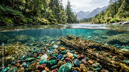 Over and Under the Crystal Clear River Waters Flowing Through a Lush Mountainous Forest Landscape