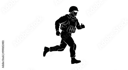 Silhouette of a soldier in tactical gear running, conveying action and readiness