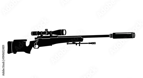 Silhouette of a Sniper Rifle with Scope and Silencer on White Background