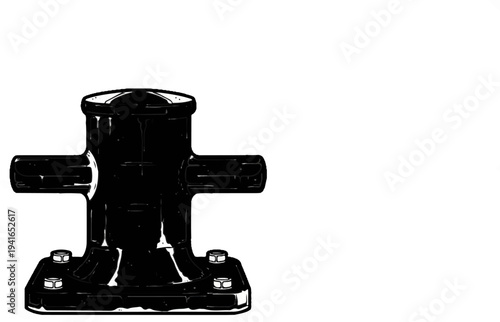 Black mooring bollard with horizontal arms and bolted base