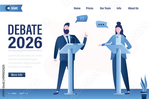 Debate 2026 before vote, landing page template. Leaders of opposing political parties talking on public debates. Two politicians debate on rostrum. Gender equality.