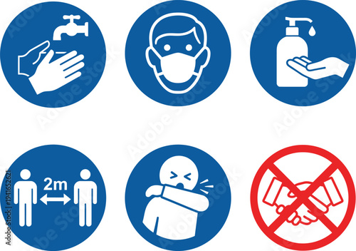 Hygiene and Social Distancing Safety Icons Set Blue Signs