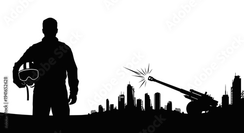 Silhouette of Pilot with Helmet and Artillery Gun Firing Over City Skyline