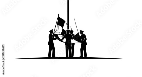 Silhouette of sailors raising a flag on a flagpole, symbolizing teamwork and patriotism.