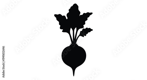 A striking black silhouette of a beet with leafy greens