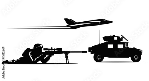 Silhouette of Sniper Aiming at Military Vehicle with Jet Flying Overhead