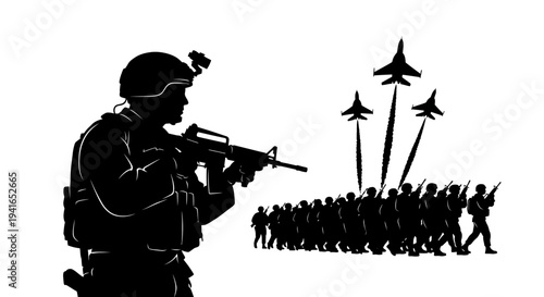 Silhouette of Soldier and Air Force Jets with Marching Troops