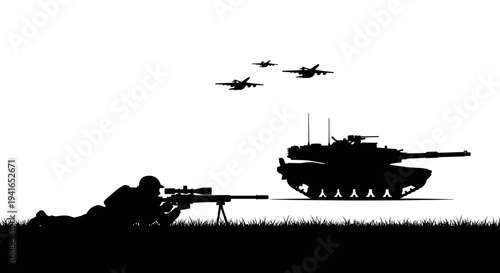Silhouette of Sniper, Tank, and Fighter Jets in Combat Formation