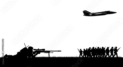 Silhouette of sniper and soldiers with fighter jet flying overhead, military concept