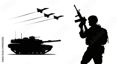 Silhouette of soldier with rifle, tank, and fighter jets in flight