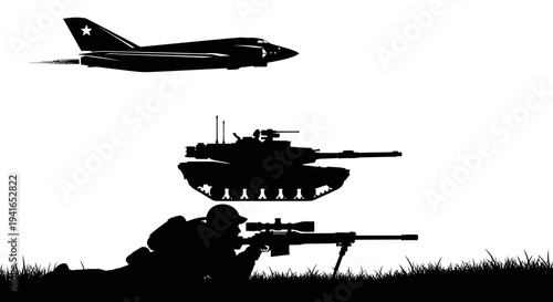 Silhouette of soldier with sniper rifle, tank, and fighter jet in action